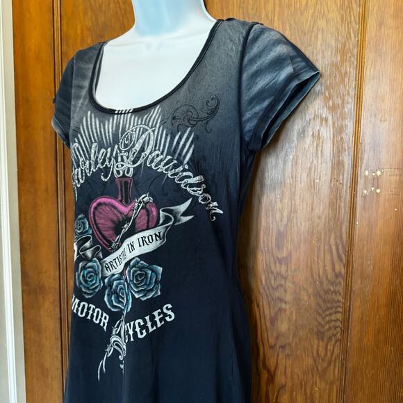 Harley Davidson Artistry in Iron Sacred Heart Rhinestone Y2K T Flawed Small - Picture 3 of 10